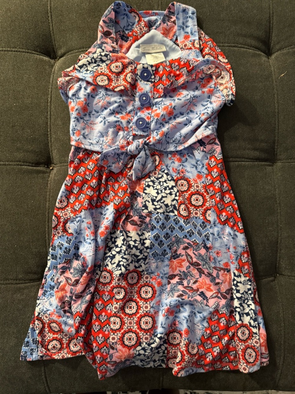 Jona Michelle Red & Blue Floral Patchwork Tie-Front Dress